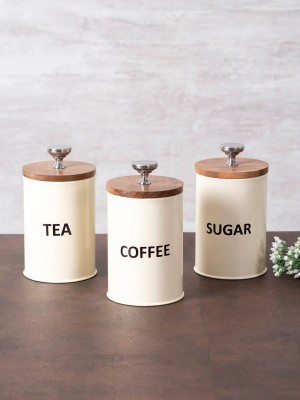 nestroots Wooden, Iron Tea Coffee & Sugar Container  - 400 ml(White)