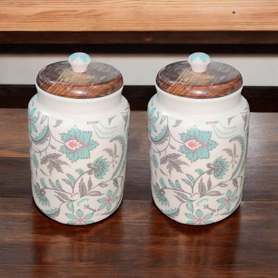 SOULCRAFTZ Ceramic Utility Container  - 900 ml(Pack of 2, White, Light Blue)