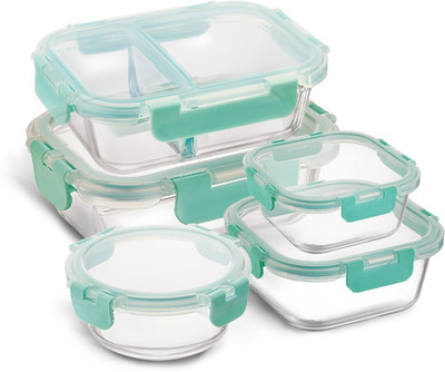 Allo Glass Fridge Container  - 310 ml, 390 ml, 520 ml, 580 ml, 640 ml(Pack of 5, Green)