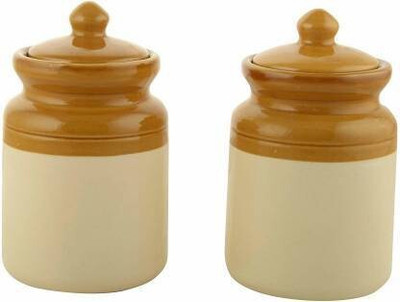 GleamSun Ceramic Pickle Jar  - 250 ml(Pack of 2, White, Brown)