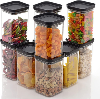 LOVESTONE Plastic Grocery Container  - 1100 ml(Pack of 8, Black)