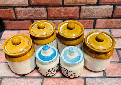 shriyam craft Ceramic Pickle Jar  - 200 ml, 80 ml(Pack of 6, Brown, White)