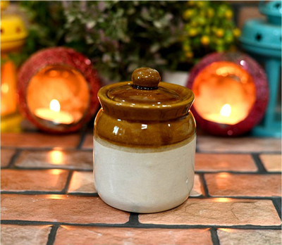 JETWAL Ceramic Pickle Jar  - 200 ml(Brown, White)
