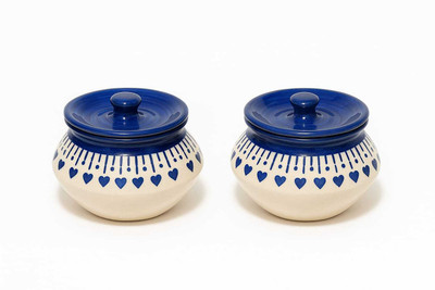 ht heritage craft khurja Ceramic Utility Container  - 300 ml(Off White, Blue)