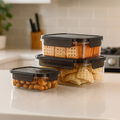 XQZMEE Plastic Grocery Container  - 1600 ml, 900 ml, 400 ml(Pack of 3, Black, Transparent)