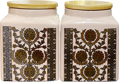 Lemon Tree Ceramic Grocery Container  - 1000 ml(Pack of 2, White)