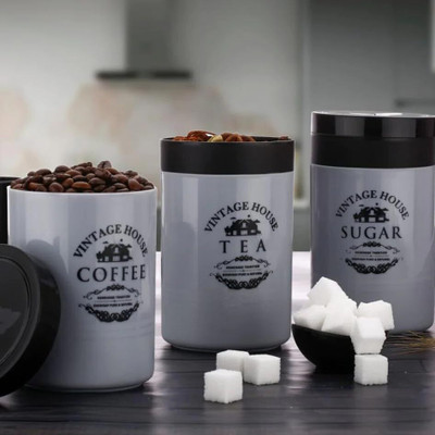 BBS BACKBONE Polypropylene Tea Coffee & Sugar Container  - 800 ml(Pack of 3, Grey, Black)