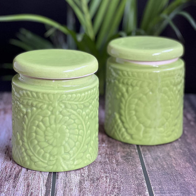 The Decor Lane Ceramic Utility Container  - 1000 ml(Pack of 2, Green)
