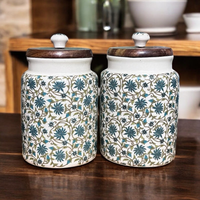 Jhaji Ceramics Ceramic Pickle Jar  - 900 ml(Pack of 2, Blue)
