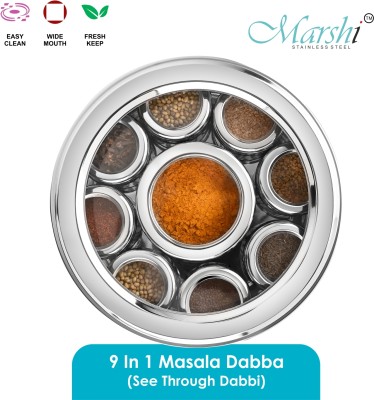 MARSHI Classic 9 in 1 Stainless Steel See Through Multipurpose Masala Dabba For Kitchen Spice Box Set of 9 Small Jars containers 140ml each and 350ml with Spoon and See-through Lid 2000ml Dabba 1 Piece Spice Set(Stainless Steel)