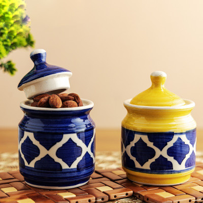 Jimkia Ceramic Pickle Jar  - 200 ml(Pack of 2, Yellow, Blue)