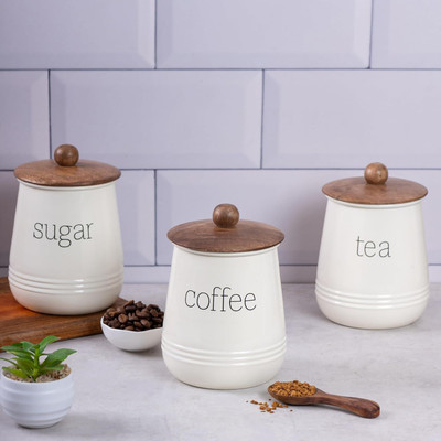 Metallure Iron Tea Coffee & Sugar Container  - 1000 ml(Pack of 3, Off White)