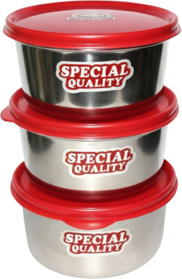 kwi Steel Fridge Container  - 400 ml(Pack of 3, Silver)