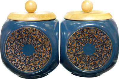 Lemon Tree Ceramic Grocery Container  - 1000 ml(Pack of 2, Blue)