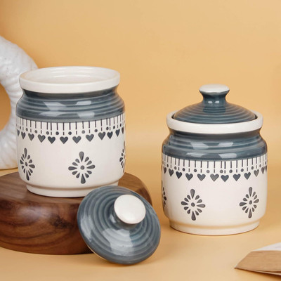 sanacraft Ceramic Pickle Jar  - 1000 ml(Pack of 2, Grey)