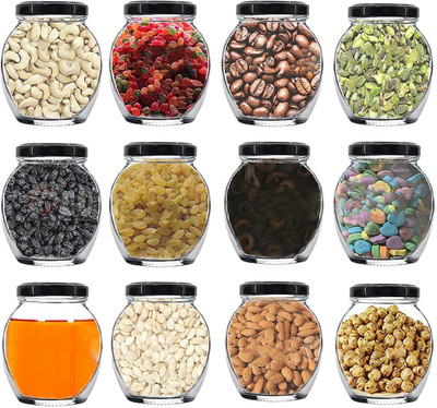 NAVPATH Glass Grocery Container  - 346 ml(Pack of 12, Black)