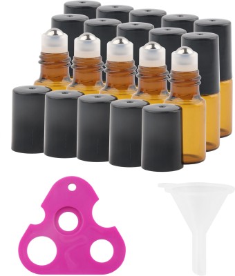 Zibuyu 15Pcs Glass Roller Bottles with Cap Stainless Steel Roller Bead Glass Roller 10 ml Bottle(Pack of 15, Black, Plastic)