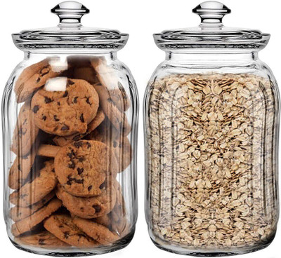 Star Work Glass Cookie Jar  - 1500 ml(Pack of 2, Clear)