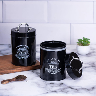 Metallure Iron Tea Coffee & Sugar Container  - 1000 ml(Pack of 2, Black)
