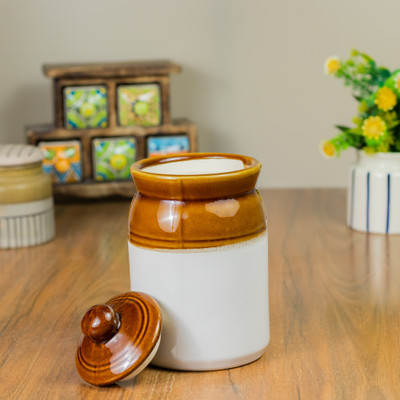 CERAMICTown Ceramic Pickle Jar  - 1000 ml(Pack of 2, Brown, White)
