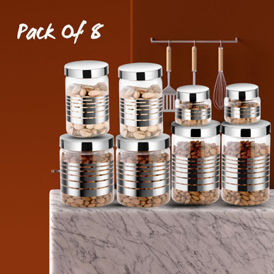 EssaBella Plastic Utility Container  - 2000 ml, 1500 ml, 500 ml, 150 ml(Pack of 8, Clear, Silver)