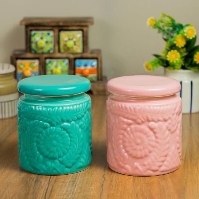 Earthystone Ceramic Pickle Jar  - 1000 ml(Pack of 2, Pink, Green)