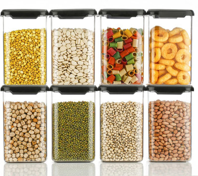 SEQUENCE Plastic Grocery Container  - 1100 ml(Pack of 8, Black)