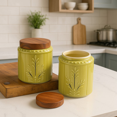 StyleMyWay Ceramic Utility Container  - 500 ml(Pack of 2, Green)