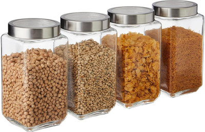Kalsigate Glass Grocery Container  - 1000 ml(Pack of 4, Silver)