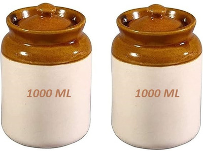 JUD CREATION Ceramic Pickle Jar  - 1000 ml(Pack of 2, Brown, White)
