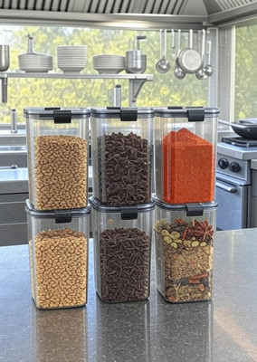 DYK Plastic Cookie Jar  - 1.2 L(Pack of 6, Transparent, White)