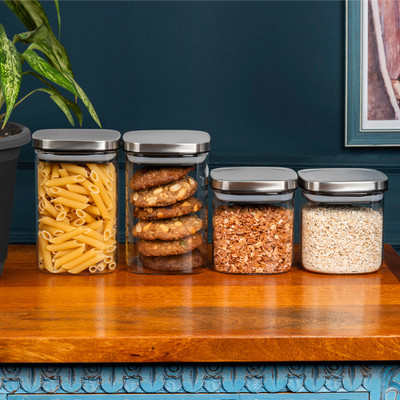 iVeo Glass Cookie Jar  - 1100 ml(Pack of 4, Clear)