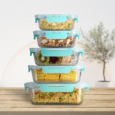 Allo Glass Fridge Container  - 185 ml, 370 ml, 640 ml, 1040 ml, 1520 ml(Pack of 5, Green)