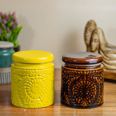 CERAMICTown Ceramic Pickle Jar  - 1000 ml(Pack of 2, Yellow, Brown)