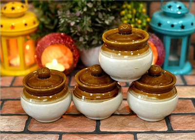 JETWAL Ceramic Pickle Jar  - 200 ml(Pack of 4, Brown, White)
