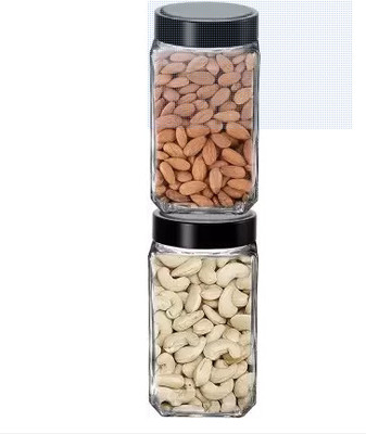 JG Enterprise Glass Grocery Container  - 1000 ml(Pack of 2, Black, Clear)