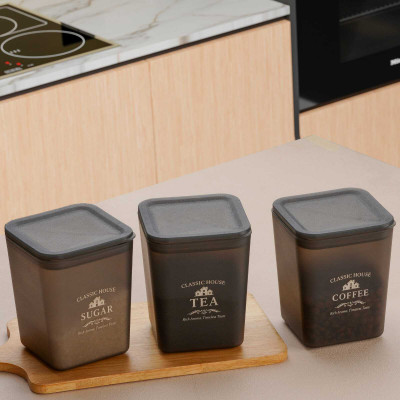 BZONE Plastic Tea Coffee & Sugar Container  - 800 ml(Pack of 3, Black)