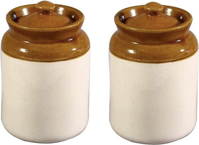 NAVPATH Ceramic Pickle Jar  - 1000 ml(Pack of 2, Brown)