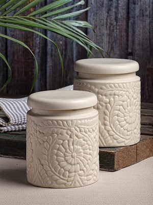 The Clafy Ceramic Utility Container  - 1000 ml(Pack of 2, White)