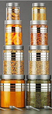 cavira Plastic Cookie Jar  - 1200 ml, 650 ml, 350 ml, 250 ml(Pack of 8, Silver)