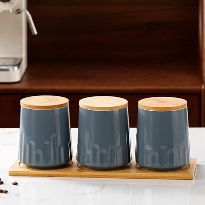 KUBER INDUSTRIES Ceramic Tea Coffee & Sugar Container  - 650 ml(Pack of 3, Grey)