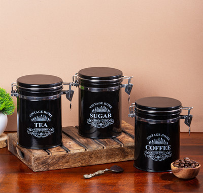 Metallure Iron Tea Coffee & Sugar Container  - 1100 ml(Pack of 3, Black)