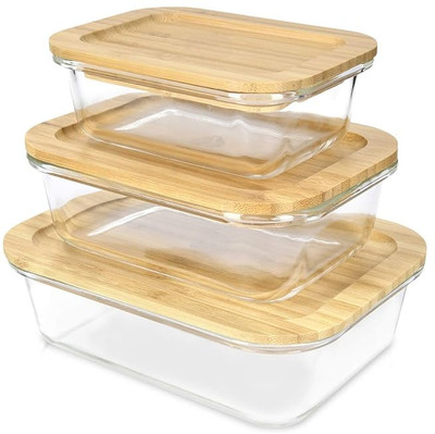 goskenterprise Glass, Wooden Utility Container  - 370 ml, 640 ml, 1050 ml(Pack of 3, Clear)