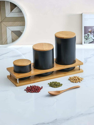 UMAI Ceramic Grocery Container  - 1000 ml(Pack of 3, Black)