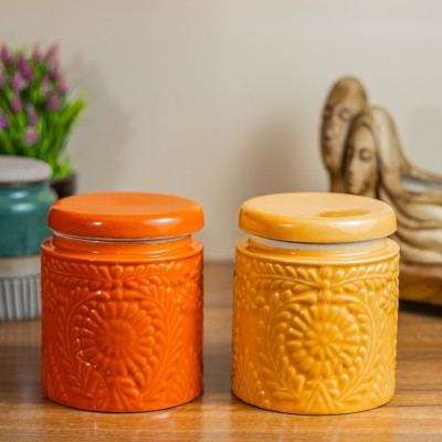 CERAMICTown Ceramic Pickle Jar  - 1000 ml(Pack of 2, Orange, Gold)