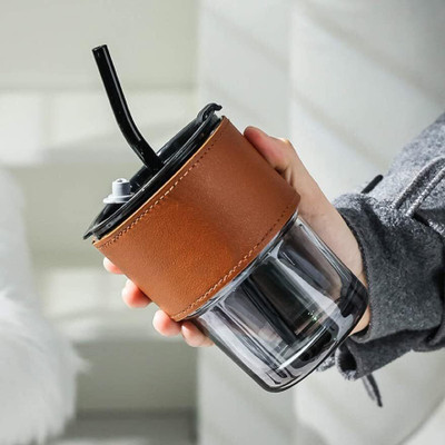 Coozico Glass Reusable Coffee Sipper with Lids & Straw Glass Coffee Mug(400 ml)