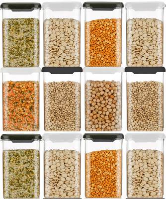 Skymax Plastic Grocery Container  - 1100 ml(Pack of 12, Black, Off White)