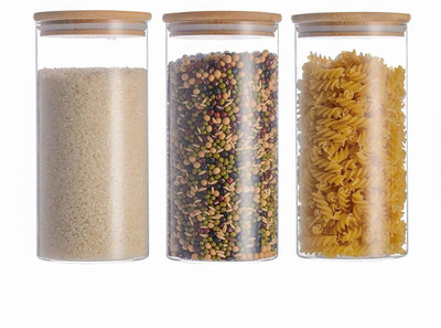 VLKMK Glass Grocery Container  - 1400 ml(Pack of 3, Clear)