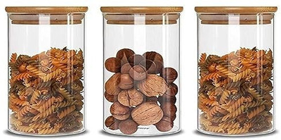 goskenterprise Glass, Wooden Tea Coffee & Sugar Container  - 320 ml(Pack of 3, Clear)