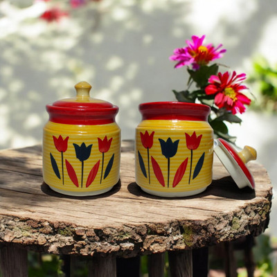 Pottery Mart Ceramic Utility Container  - 500 ml(Pack of 2, Yellow)